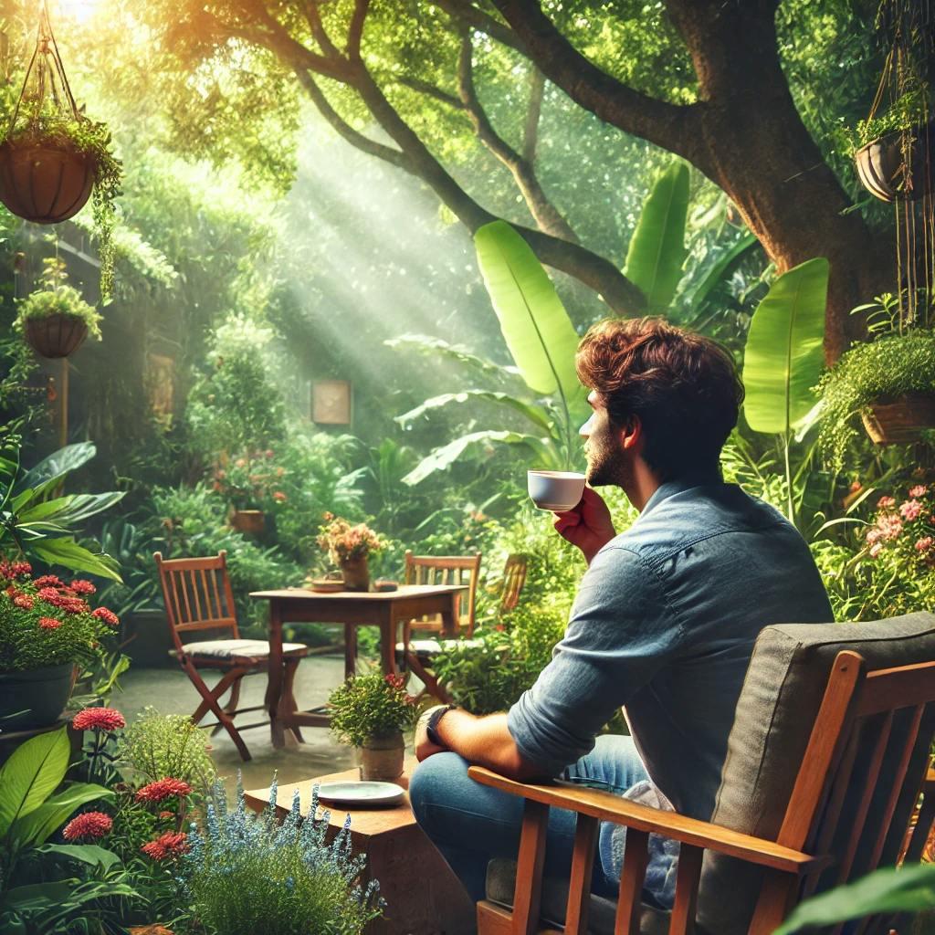 Un homme qui prend son café dans son jardin