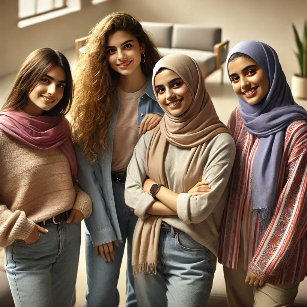 plusieurs filles arabes prenant la pose dans un logement