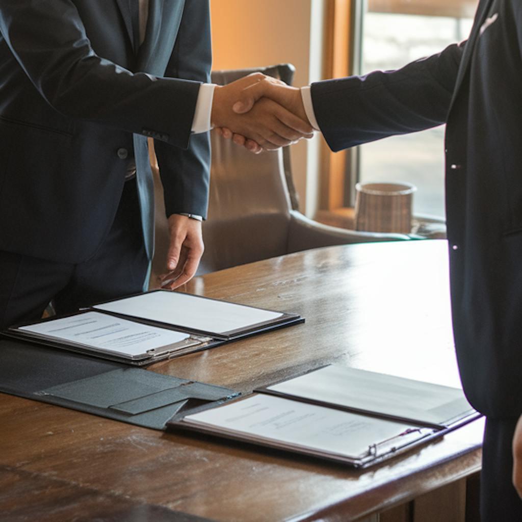 Des dossiers sur le bureau avec deux hommes qui se tiennent la main 