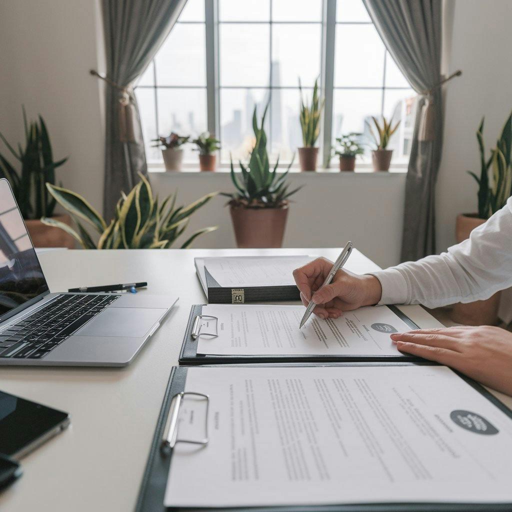 Un homme qui signe des papiers sur son bureau 