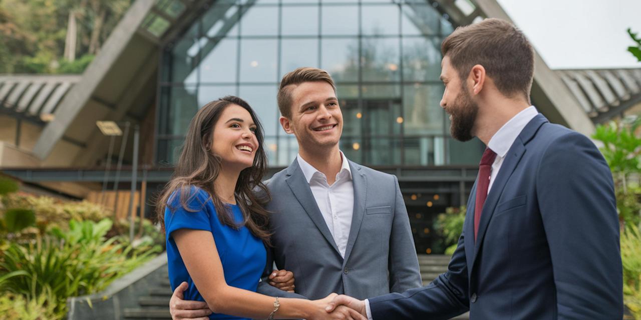 Un couple et un homme devant une maison 