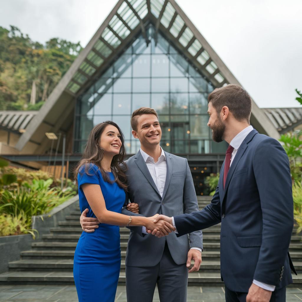 two men and a woman in front of a house