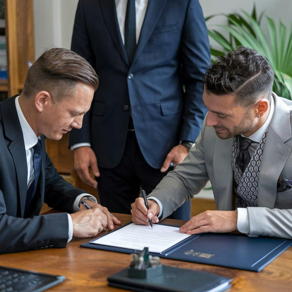 Un homme qui signe un papier devant deux hommes 