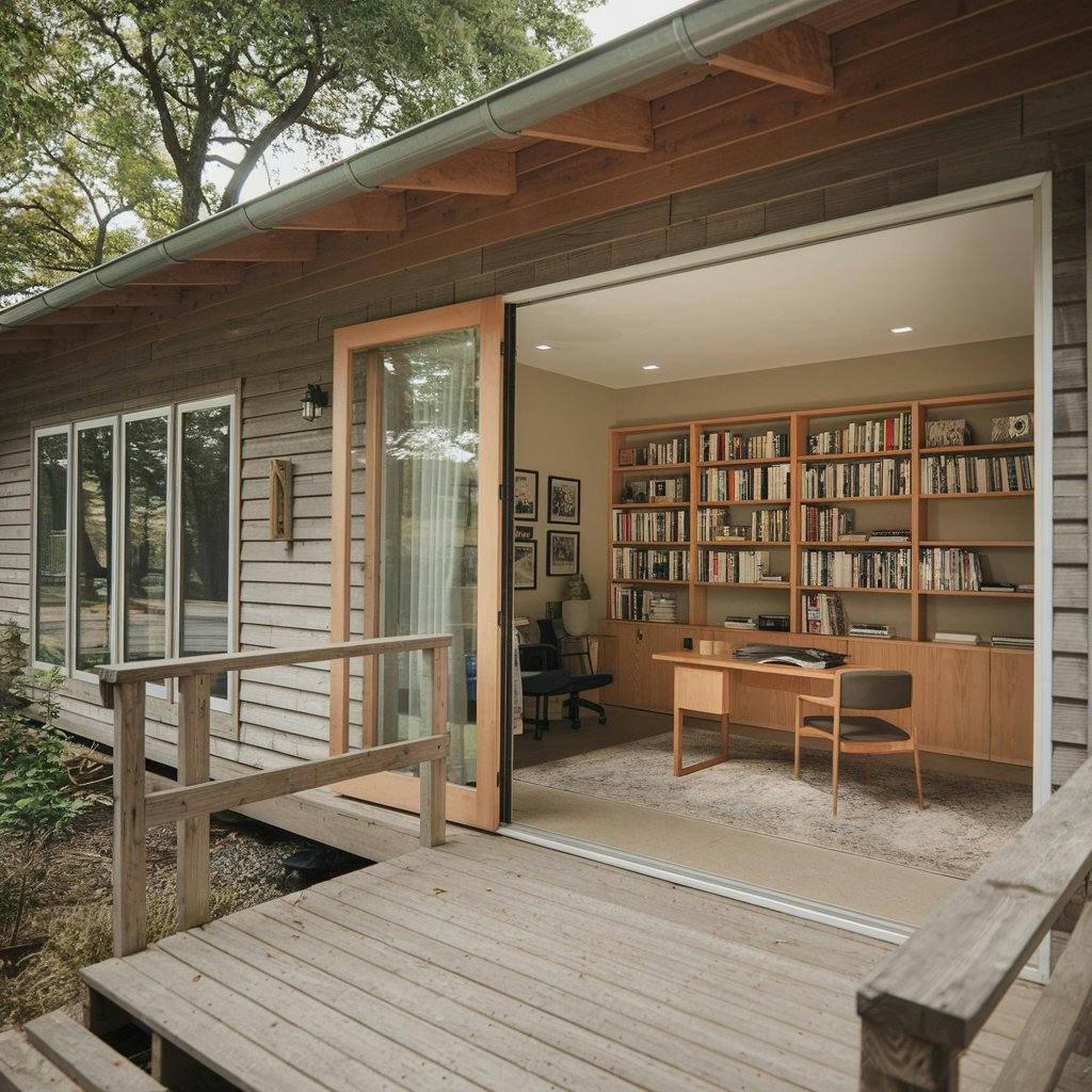 An office with a large bookshelf filled with books