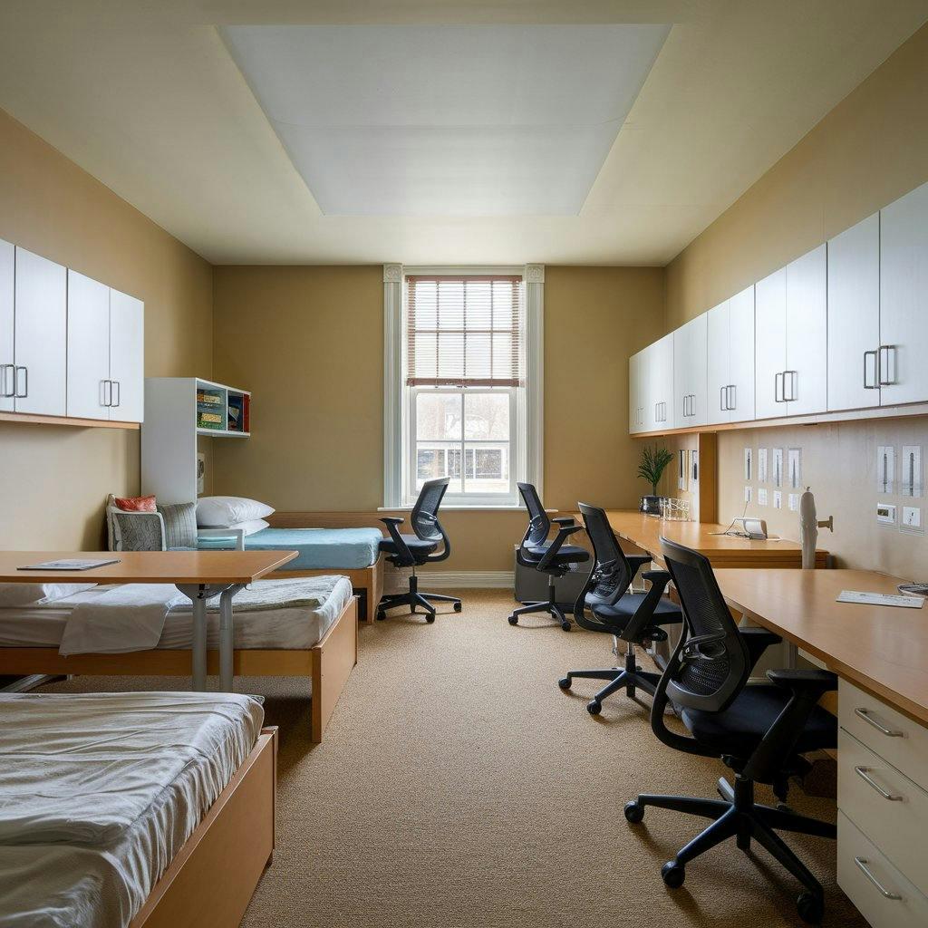 A student dormitory with beds and desks