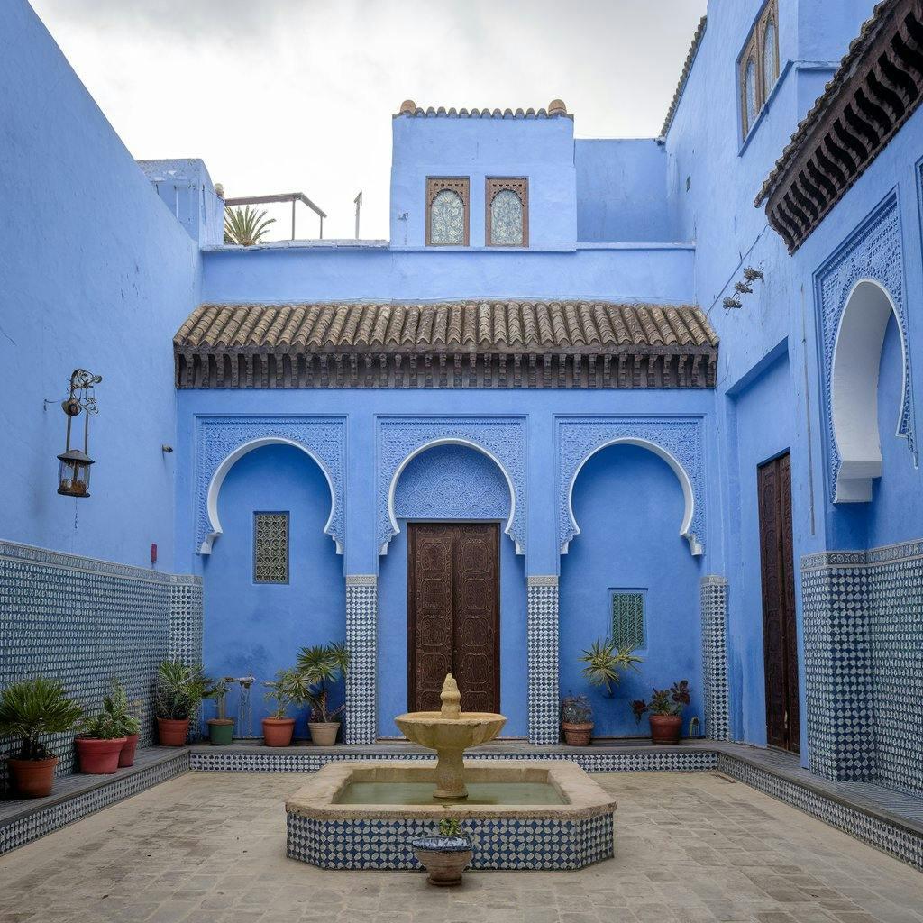 A blue riad with a brown gate