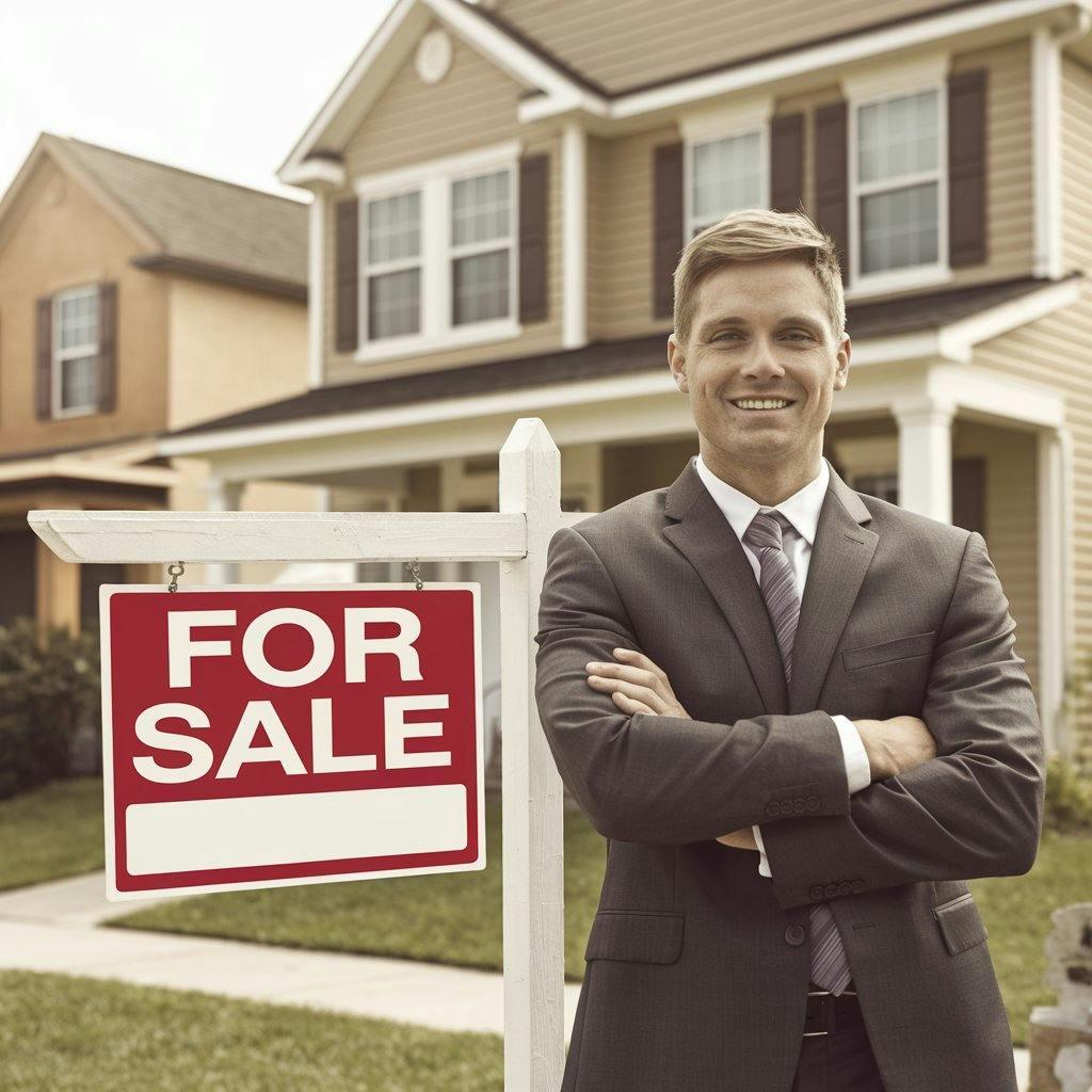 A man in front of a sale sign