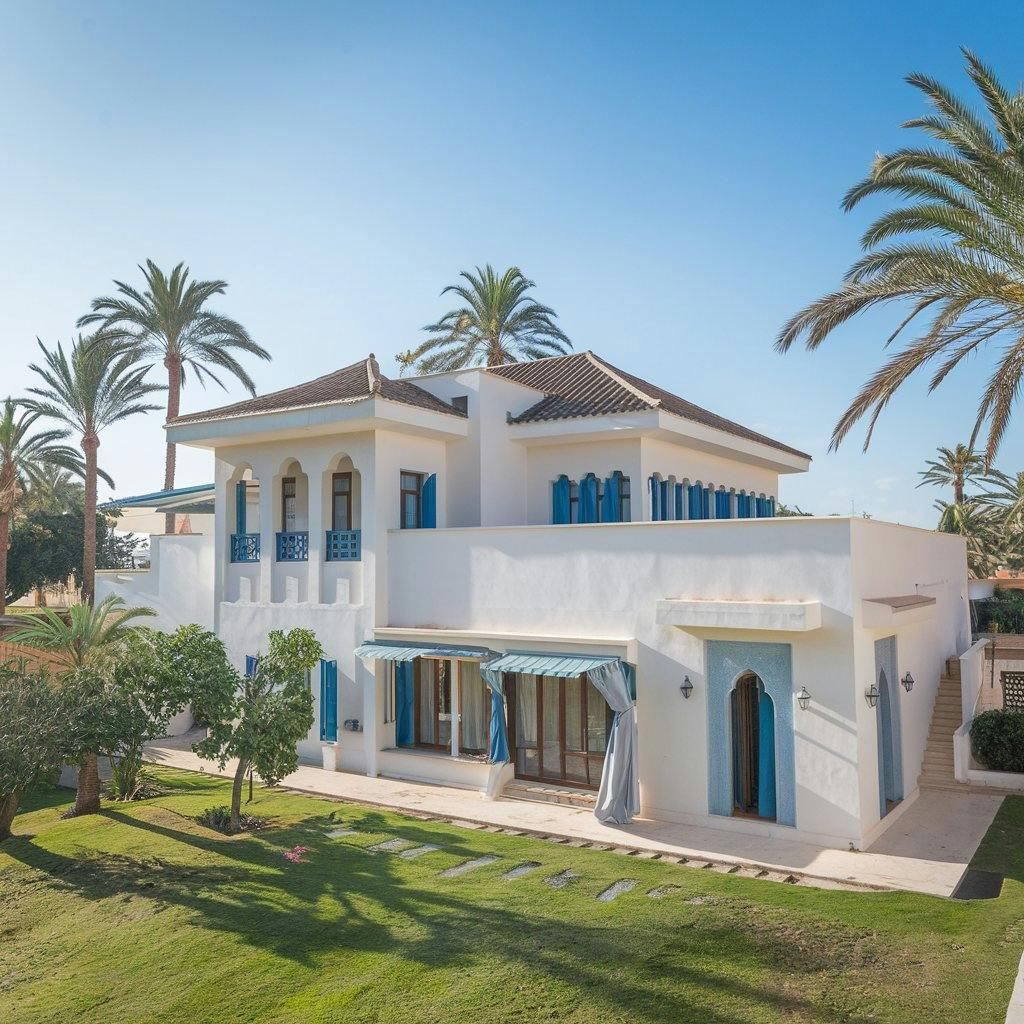 A very beautiful white villa with trees