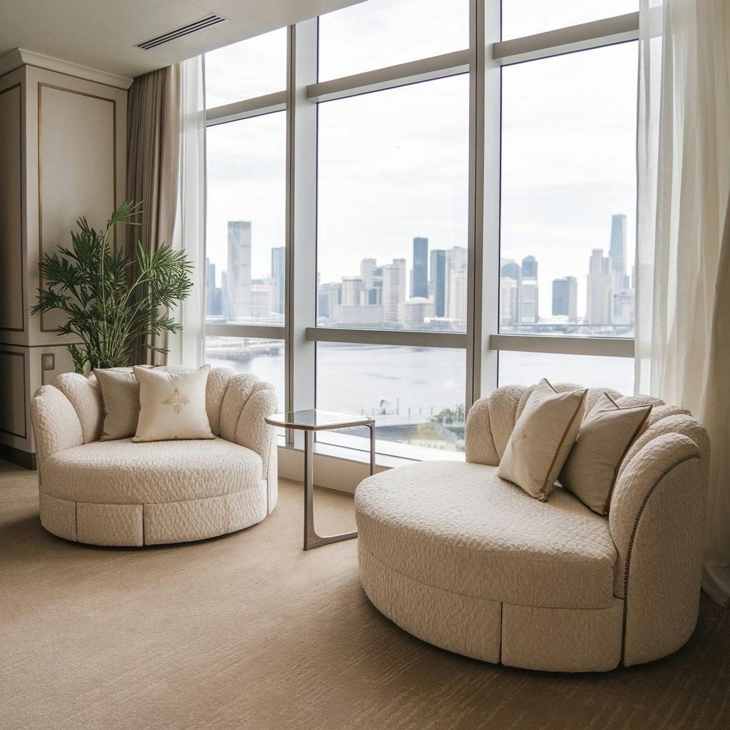 Two sofas in front of a bay window