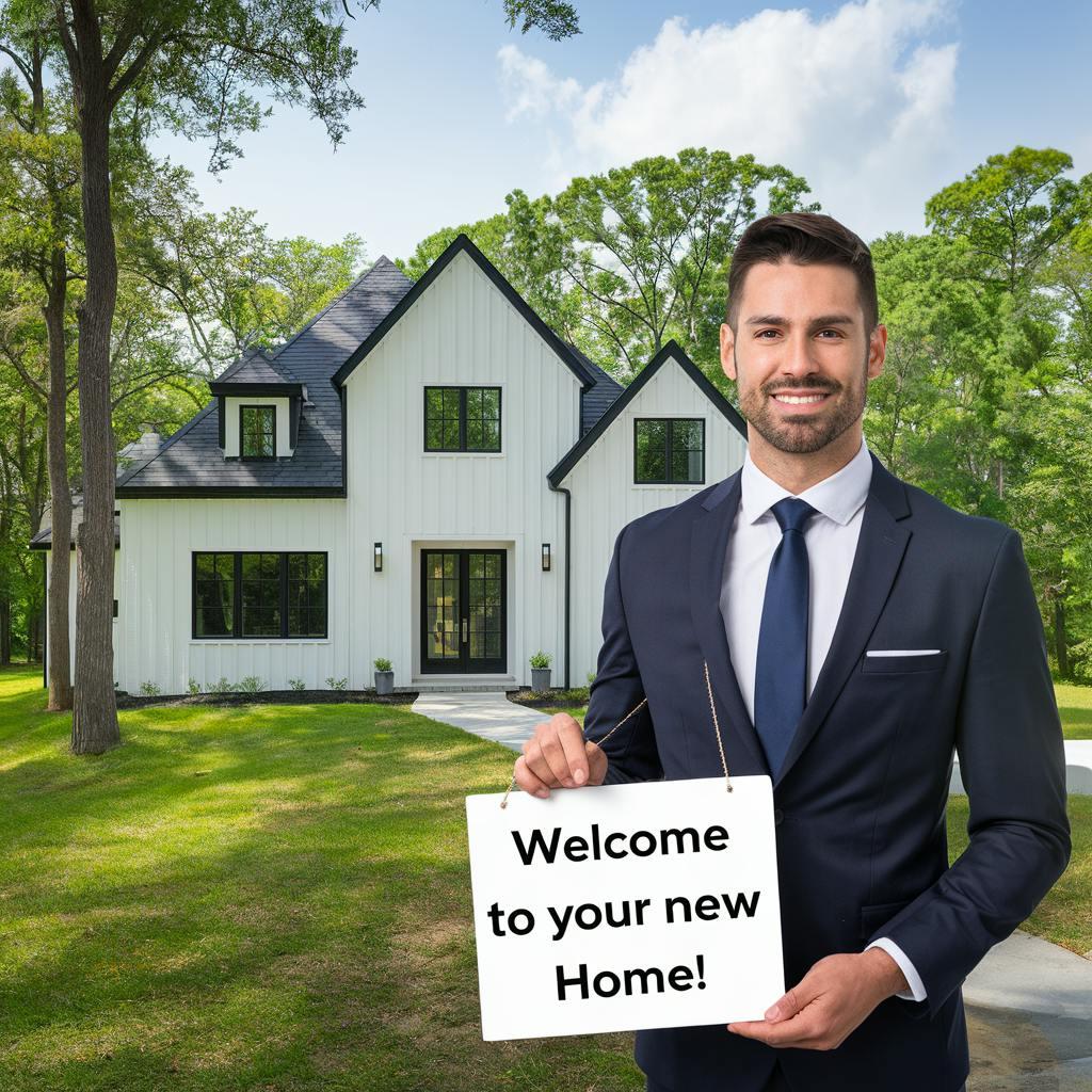 A man in front of a house with a welcome sign 