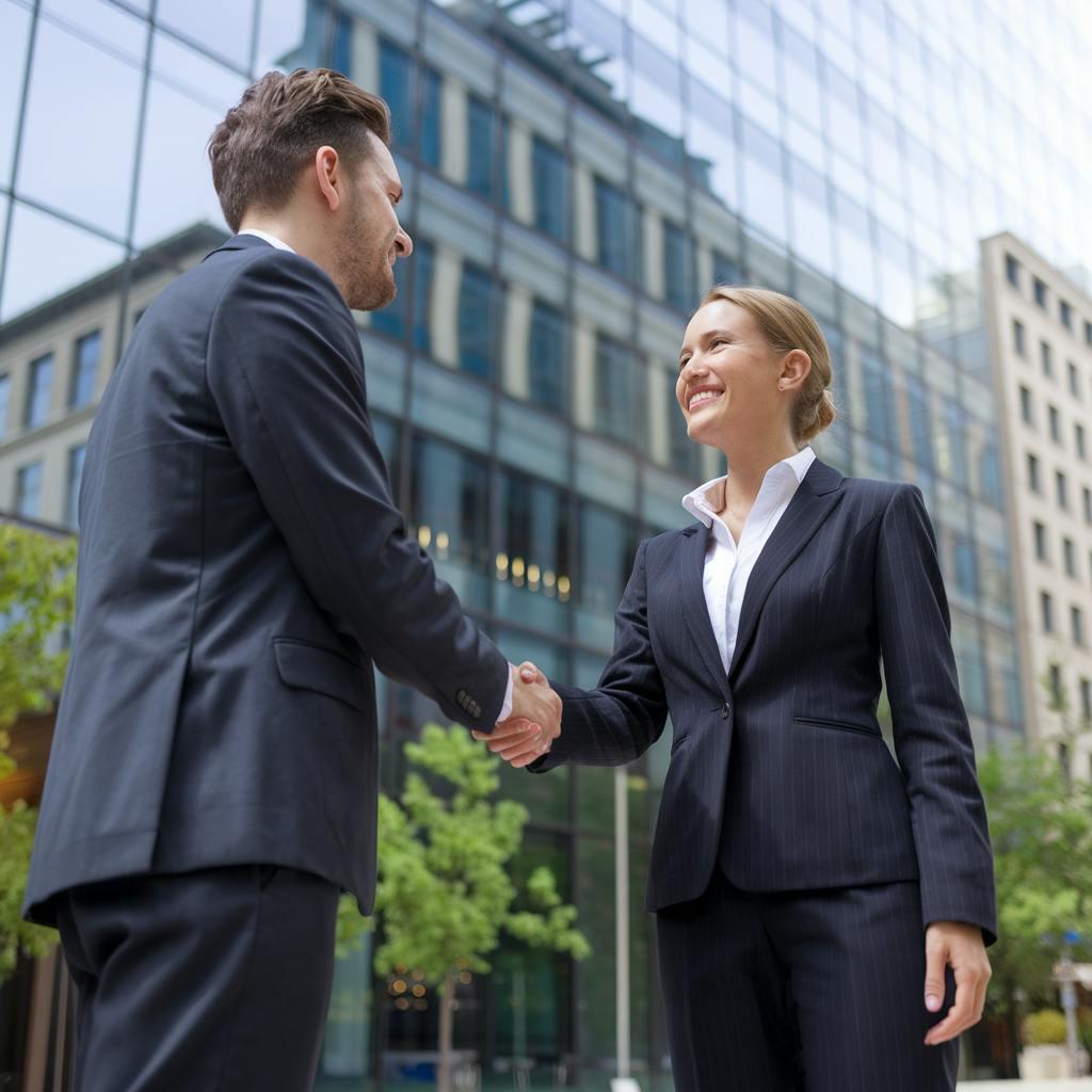 Two people in front of a building.