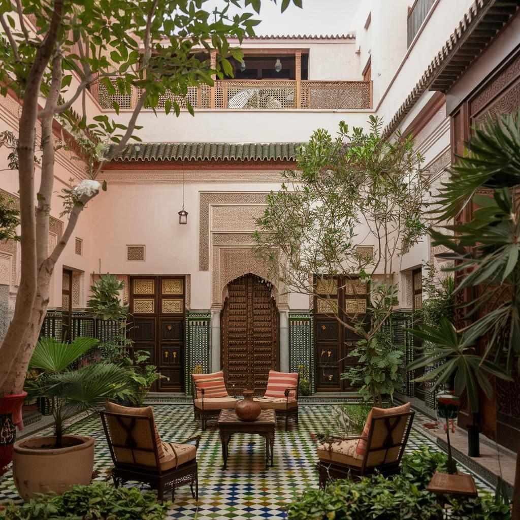 The entrance of a riad with trees