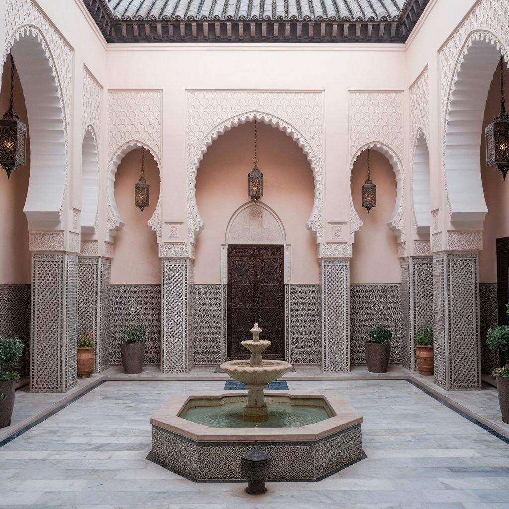 A fountain in front of a riad entrance