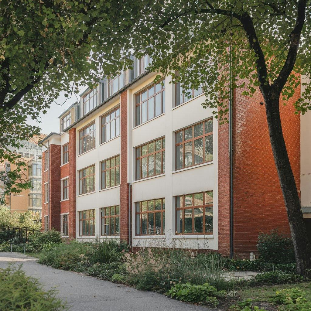 A large building with trees