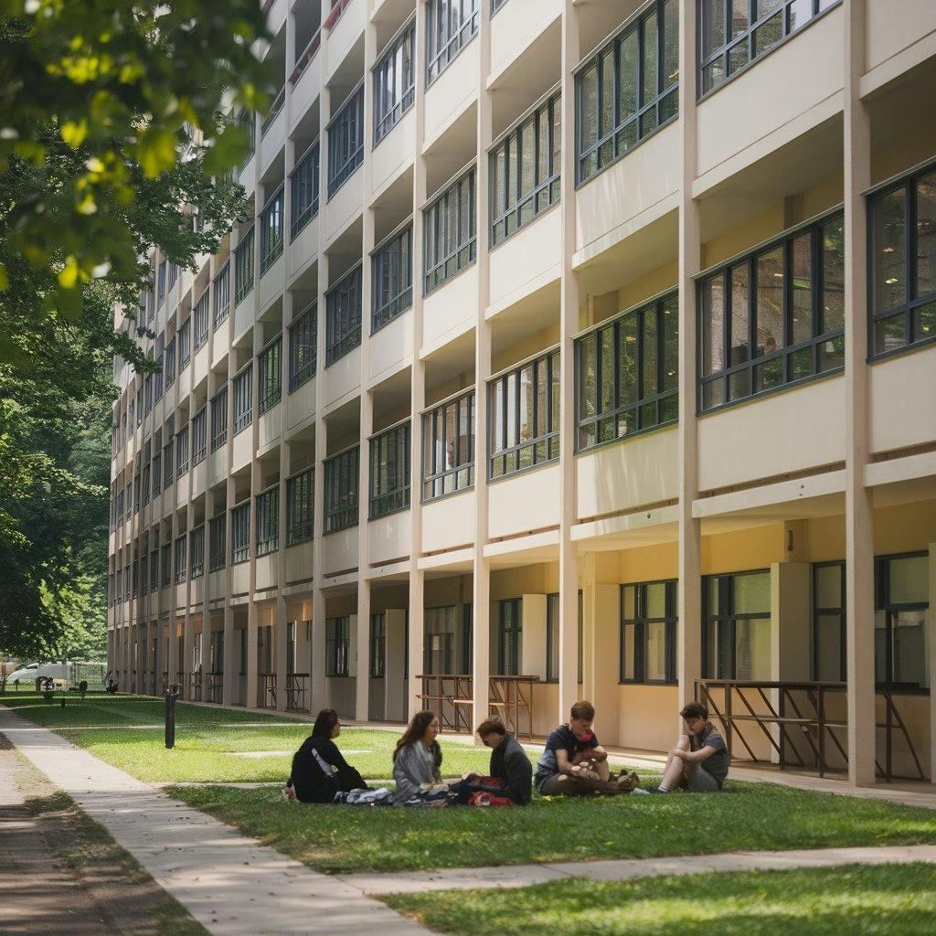 Students sitting in front of a building