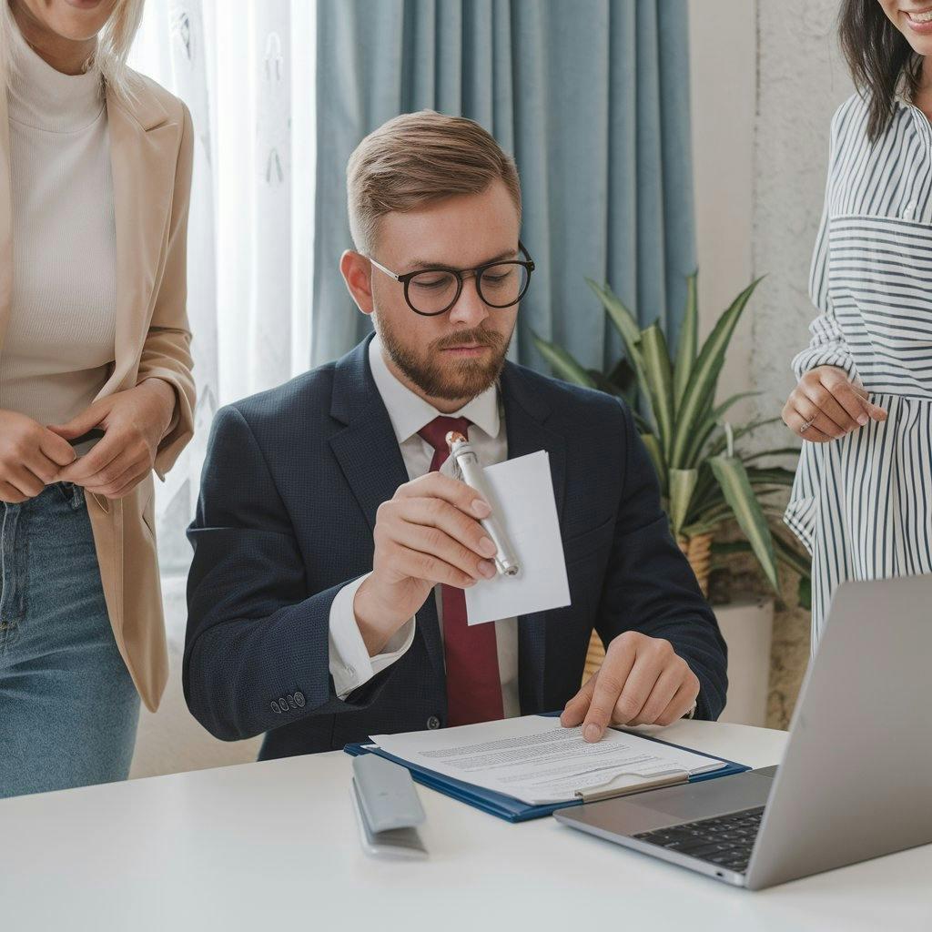 A man with two women in an office