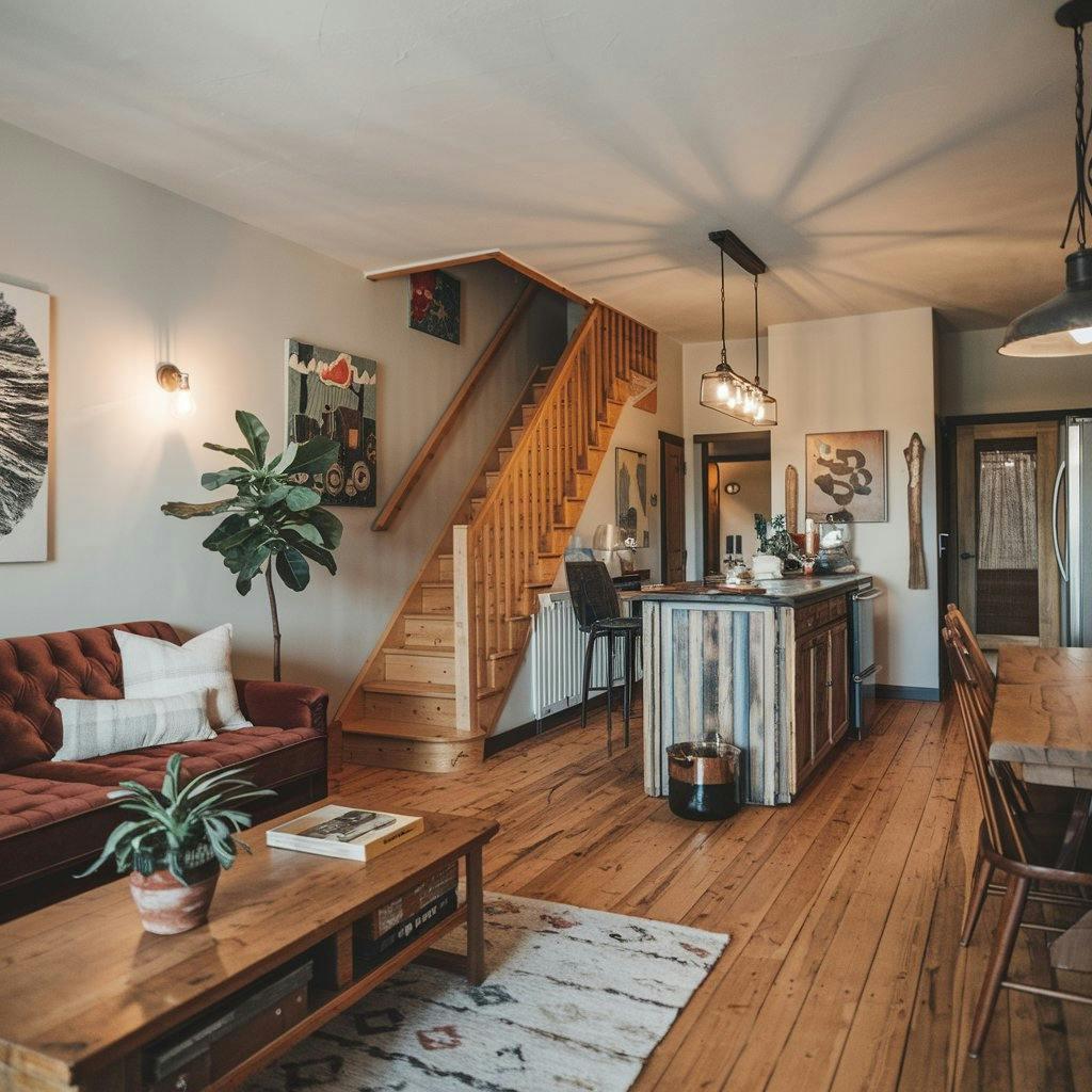 A living room with stairs