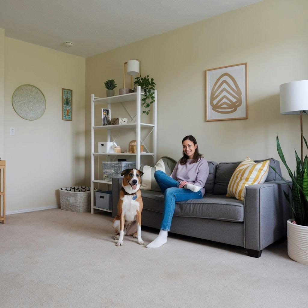 A woman on her couch with her dog