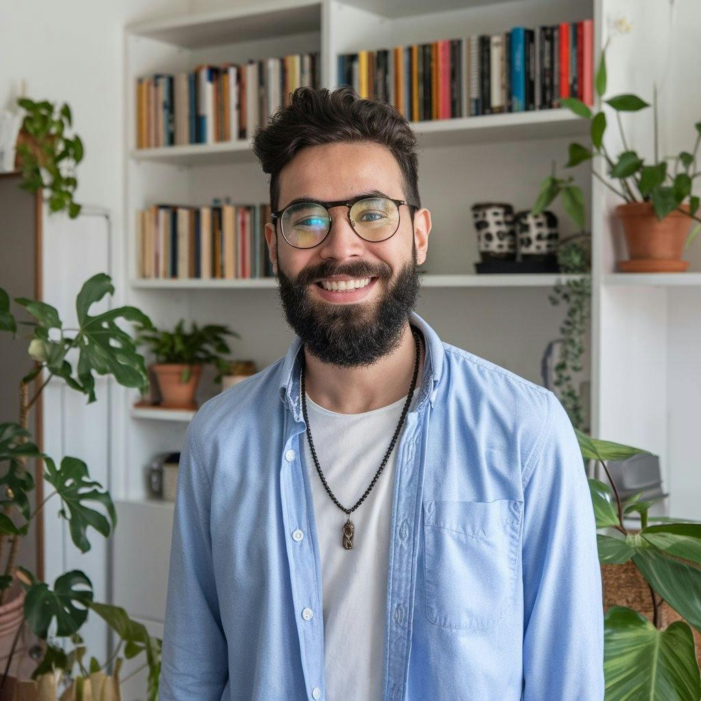 A man in front of his library