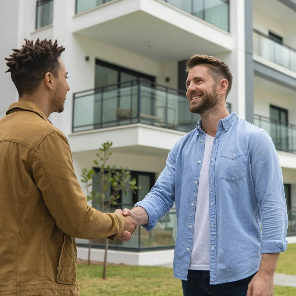 Two men shaking hands in front of a building