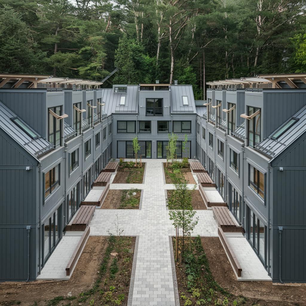 Des rangées de maisons avec beaucoup d'arbres au tour 