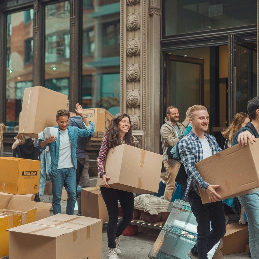 Des personnes dans la rue transportant des cartons