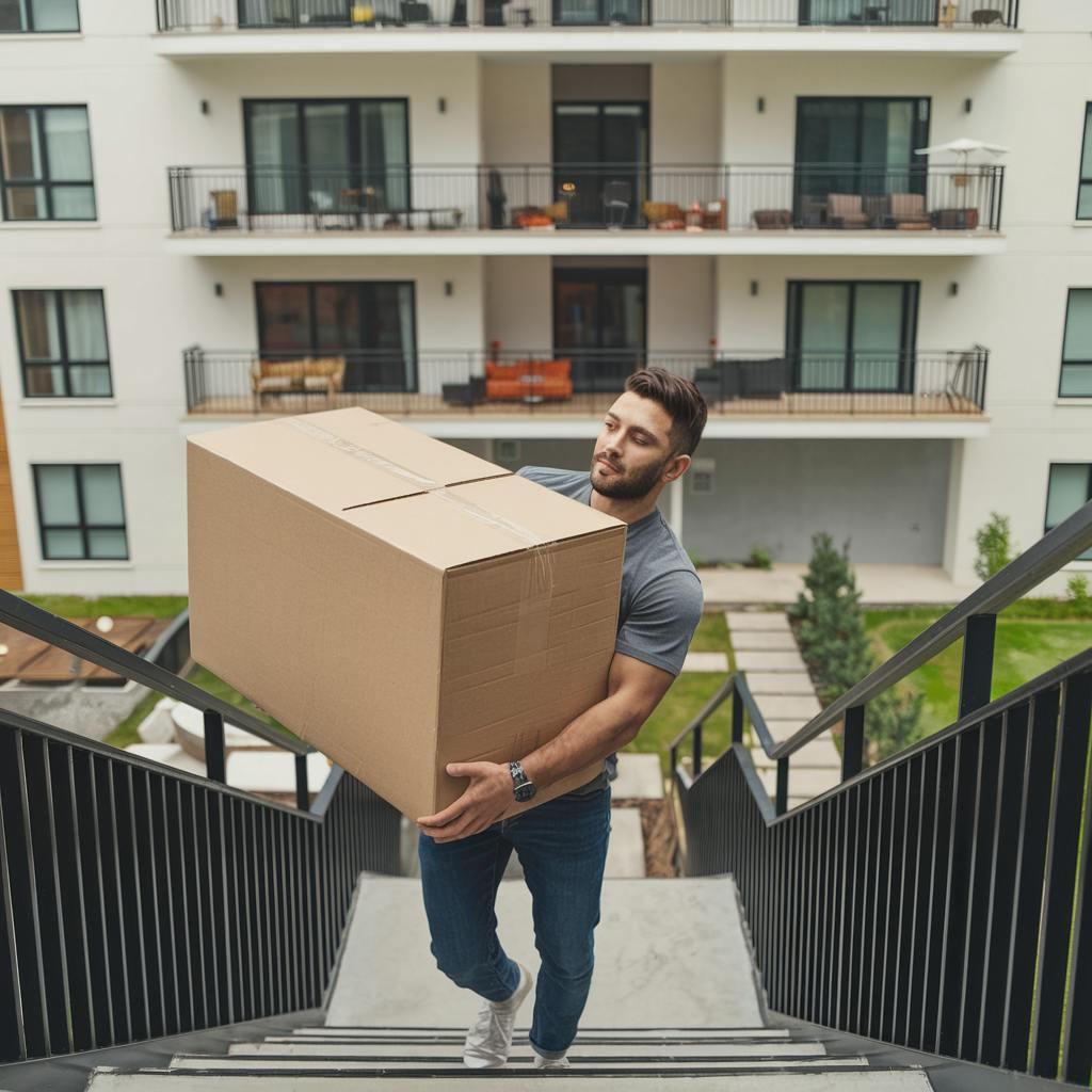 Un homme qui monte les marches avec un carton  