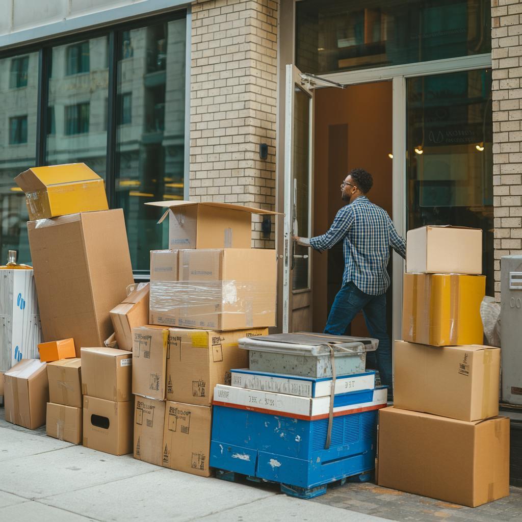 Une personne avec beaucoup de cartons dehors 