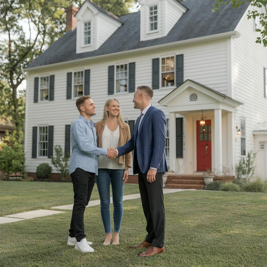 Deux hommes et une femme devant une belle maison 